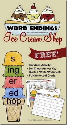 
                    
                        Word Endings Ice Cream Shop - What a fun, free printable educational game for kids working on word endings - s, er, ing, ed.  This is a fun hands on activity for Kindergarten, 1st grade, and 2nd grade kids in homeschool, after school, or classrooms.
                    
                