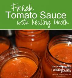 
                    
                        Fresh Tomato Sauce with Healing Broth | As the fresh tomato season wears on, you find that you've exhausted your family's patience with all. those. tomatoes. So make sauce! You'll use up several pounds of tomatoes at a time, plus sauce freezes well and cans for long-term storage. This sauce includes healing bone broth! | TraditionalCookin...
                    
                