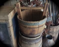 
                    
                        Primitive old wood well bucket. Antique farm find at Sweet Liberty Homestead
                    
                
