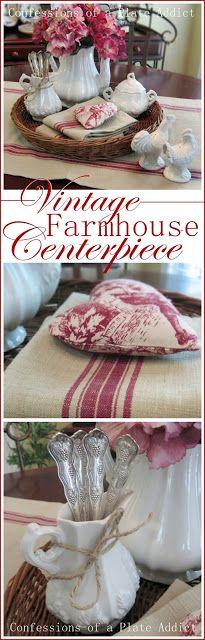 
                    
                        CONFESSIONS OF A PLATE ADDICT Ironstone and Grain Sack...A Vintage Farmhouse Centerpiece
                    
                