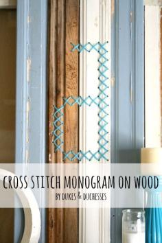 
                    
                        cross stitch monogram on reclaimed wood
                    
                