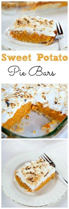 
                        
                            Sweet Potato Pie Bars: A flaky cream cheese crust filled with brown sugar sweet potatoes and topped with gooey marshmallows. Perfect Thanksgiving Dessert!
                        
                    