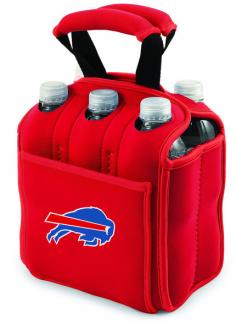 Buffalo Bills 6-pack cooler tote. This Bills beverage caddy is the perfect way to carry your drinks when planning to enjoy beverages away from home. The six-pack carrier is an insulated beverage carrier that fits most water, beer, and soda in bottles or cans up to 20 oz, allowing you to carry an assortment of beverages. It is made of black, durable neoprene and features a front pocket and reinforced handles. All licensed products have been approved by the team; however, Picnic Time is considered a designer line. The product color may not be an exact match to the team color.
