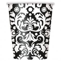 Serve delicious party drinks and cocktails at your upcoming event with these elegant Black Damask Paper Cups. These 9oz Black Damask Cups are perfect for serving your favorite beverages at your reception or party. Disposable paper cups make after party cleanup fast and easy, ensuring you'll have more time to spend with friends and family. Coordinate these Black Damask Party Cups with other black damask party supplies or mix with any solid color wedding supplies and wedding decorations. Black Damask Paper Cups are sold in a package of 8. Details: â&euro;&cent; Package of 8 Black Damask Paper Cups â&euro;&cent; Black Damask Paper Cups hold 9oz â&euro;&cent; Perfect for serving any hot or cold beverage â&euro;&cent; Disposable tableware makes after party cleanup easy â&euro;&cent; Coordinate with other black damask wedding supplies and wedding decorations