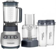 Cuisinart introduces the Velocity Ultra Trio blender/food processor with travel cups-a dynamic threesome that lets you do it all. The blender's smart power and sophisticated electronics let you mince delicate herbs, whip up smoothies and even chop ice. Attach the food processor work bowl to slice, shred, chop or mix up a dip. powerful 1 HP motor with overload protection blender jar has ultra-sharp stainless steel blade assembly blend right in the two travel cups, put on the lids and enjoy healthy drinks to go preprogrammed smoothie and ice crush settings low and high speeds with pulse control electronic touchpad controls with LED indicators Includes: 56-ounce, BPA-free Tritan blender jar 3-cup food processor attachment with feed tube and pusher slicing/shredding disc stainless steel chopping blade two 16-ounce travel cups removable 2-ounce rmeasuring cap on blendar jar lid recipe book AC/DC. Stainless steel with Tritan jar. Measures 7.8x13.5x15.8"H. Imported.