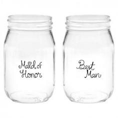 These bridal party beverage glasses make great gifts for all the friends and family standing with you on your big day. The 16 ounce glass mason jars are imprinted in black with the bridal party position and then you can optionally add two lines of custom engraved text to the back on the jar. Features Glass beverage jars with black wording "Maid of Honor" and "Best Man". Size - 5 1/8 in. tall 3 1/8 in. diameter. Holds 16 ounces. Set of two.