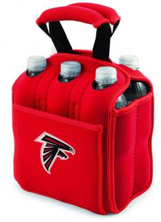 Atlanta Falcons 6-pack cooler tote. This Falcons beverage caddy is the perfect way to carry your drinks when planning to enjoy beverages away from home. The six-pack carrier is an insulated beverage carrier that fits most water, beer, and soda in bottles or cans up to 20 oz, allowing you to carry an assortment of beverages. It is made of black, durable neoprene and features a front pocket and reinforced handles. All licensed products have been approved by the team; however, Picnic Time is considered a designer line. The product color may not be an exact match to the team color.