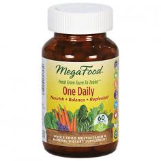 MegaFoodsDailyFoodsOne DailyMulti-Vitamin - 60 Vegetarian Tablets Mega FoodsDailyFoodsOne Daily Multivitamin provides wholesome nourishment for life in a convenient one tablet daily formula. Mega FoodDailyFoodsOne Daily is a wholesome and easy-to-digest one a day multi-vitamin and mineral that was designed to nourish your body with a balanced array of 100% whole food nutrients and protective phytonutrients. Digestive enzymes are also in included in MegaFoodDailyFoodsOne Daily to enhance nutrient bioavailability. MegaFoodDailyFoodsOne Daily is suitable for adults of all ages. MegaFoodDailyFoodsOne Daily is gentle on the stomach and has superior bioavailability. One Daily Multi-Vitamins MegaFood One Daily Multi-vitamin Formulas provide a convenient and affordable way to ensure that your body receives concentrated whole food nourishment on an every day basis. MegaFood offers a range of gender and age specific formulas with unique organic herbal blends to address specific physiological needs. For those seeking an herb free alternative, One Daily is an excellent choice for men or women of all ages. Recommended products to take alongside MegaFood's One Daily formulas include MegaFood Bone or Calcium, Magnesium, and Potassium. Welcome to MegaFood To provide you with exceptional nourishment of the highest quality, MegaFood premium multi-vitamins are made with a full spectrum of fresh whole foods including farm fresh broccoli, carrots, oranges, Maine Wild Blueberries, Cape Cod Cranberries and pure nutritional yeast. MegaFood then carefully dries these foods into a nutrient-rich FoodState concentrate which delivers essential vitamins, minerals and life-enhancing phytonutrients. Emerging research continues to show that phytonutrients and other vital compounds delivered in food have an essential role in promoting our health and well-being for life.