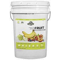 Augason Farms freeze dried fruit variety pack is a veritable cornucopia of fruit delights for your eating enjoyment. These include sliced strawberries, sliced peaches, whole blueberries, sliced bananas and diced apples. Rehydrated, these tangy fruits are useful in making desserts, salads or as delightful snacks right out of the pouch. Use them in everyday meal preparation, as well as for backpacking, camping and long term emergency food storage. As a bonus, Apple Delight drink mix is included in the pack. Up to 20 year shelf life Number of servings: 256 total Net weight: 4 pounds, 9.6 ounces Six (6) fruit items, plus one bonus item Easy to prepare: just add water Packaged in pouches, packed in a 6-gallon pail Sealed pails and pouches, either containing oxygen absorbers or nitrogen flushed, are the most effective long-term method of controlling the deteriorating effects of light, moisture and oxygen on the contents. Warranty: 30 day Manufacturer The Augason Farms Freeze Dried Fruit Variety Pack contains the following packed in a 6-gallon pail: Freeze dried sliced strawberries (80 servings) Freeze dried sliced peaches (52 servings) Freeze dried whole blueberries (44 servings) Freeze dried sliced bananas (40 servings) Freeze dried dicedapples (40 servings) Apple delight drink mix (16 servings) Expiration: 20 year shelf life. Sealed/Opened up to 1 year. Best when stored in a cool dry place at temperatures between 55&deg; F and 70&deg; F (ideal humidity 15%) Due to the perishable nature of food items, returns are not accepted by state law.