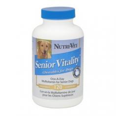 Nutri-Vet Senior Vitality Vitamin Liver Senior dogs require a little something extra in a vitamin supplement. One-a-day Nutri-Vet Senior Vitality is specially formulated to optimize not only physical health, but also mental well being in dogs 7 years and older. The chewable tablets are liver-flavored and easy to administer-like a treat, with extra benefits. Features: Contains vitamins, minerals and antioxidants to support physical and mental health Potent ingredients working together help degenerative mechanisms and promote vitality Convenient tablet form Item Specifications: Quantity: 120 count Guaranteed Analysis: Vitamin A Acetate 1500 IU,Vitamin C 50 mg,Alpha TocopherylAcetate 25IU,Vitamin D 75 IU,Thiamine 8 mg,Riboflavin 4 mg,Niacin 3 mg,Biotin 3 mcg,Vitamin B12 3 mcg,Folic Acid 20 mcg,Grape Seed Extract 5 mg,Choline (Bitartrate) 20mcg,Taurine 50 mg,Inositol 8 mg,Magnesium (Oxide) 10 mg,Manganese Sulfate 1 mg,Chromium 5 mcg,Selenium 5 mcg,Niacinamide 8 mg,Calcium Pantothenate 7 mg,Iodine 5 mcg,Pyridoxine Hydrochloride 4 mg,Copper Sulfate Monohydrate 4 mcg,Zinc Oxide 2 mg,Iron (Ferrous Fumerate) 4 mg,Digestive Enzymes 10 mg Ingredients:Pork Liver, Beef Liver, Stearic Acid, Cellulose, Silicon Dioxide, Sucrose, Natural Smoked Ham Flavor, Magnesium Stearate.