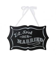 Web exclusive! This chalkboard sign adds a touch of humor and charm to your wedding reception. Set a lighthearted theme at your reception with the Lillian Rose "Eat, Drink and be Married" Chalkboard Sign. The couple's name and wedding date can easily be written on the double-sided sign in any color chalk to personalize its look. With this sign to accentuate your wedding decor, you'll be one step closer to setting a welcoming mood. Black/White 15.5" x 9.5" Double-sided Imported