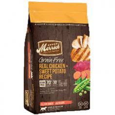 Merrick Grain Free Real Chicken Dry Dog Food Merrick Dog food is committed to offering food that is whole health made right. The ingredients in every formula are regional and farm fresh, coming from local growers. Each recipe is made with real whole foods, which means it contains no fillers, by-products or artificial preservatives. Merrick Grain Free is free of corn, wheat, soy, gluten and GMO. High in quality proteins, Merrick offers balanced nutrition that you can feel great about feeding to your dog. Merrick Grain Free Real Chicken dry food contains real chicken as the #1 ingredient. This animal-based protein contains all the essentials that dogs need and provides higher digestibility than plant proteins. Omega-3 and -6 provide a healthy source of energy as well as promote skin and coat health. Fruits, vegetables and whole grains are added to give benenficial vitamins, minerals and antioxidants, enhancing overall nutrition and immune system function. Features: For dogs of all life stages, all breeds High-quality chicken is the #1 ingredient Fatty acids for skin and coat health Supports immune system function Contains no by-products or artificial preservatives Free of corn, wheat, soy and gluten Made in the USA Item Specifications: Flavor: Chicken and Sweet Potato Guaranteed Analysis: Crude Protein: min 38.0% Crude Fat: min 17.0% Crude Fiber: max 3.5% Moisture: max 11.0% Omega-6 fatty acid: min 4.8% Omega-3 fatty acid: min 0.40% Glucosamine Hydrochloride: min 1200 mg/kg Chondroitin Sulfate: min 1200 mg/kg Calories: 3,740 kcal/kg, 460 kcal/cup ME Ingredients: Deboned Chicken, Chicken Meal, Turkey Meal, Sweet Potato, Peas, Potato, Chicken Fat (preserved with natural mixed tocopherols), Salmon Meal (source of Omega 3 fatty acids), Natural Chicken Flavor, Apples, Blueberries, Organic Alfalfa, Salmon Oil, Minerals (Salt, Zinc Amino Acid Complex, Zinc Sulfate, Iron Amino Acid Complex, Manganese Amino Acid Complex, Copper Amino Acid Complex, Potassium Iodide, Cobalt Amino Acid Complex, Sodium Selenite), Vitamins (Choline Chloride, Vitamin E Supplement, Vitamin A Supplement, Vitamin B12 Supplement, d-Calcium Pantothenate, Vitamin D3, Niacin, Riboflavin Supplement, Biotin, Pyridoxine Hydrochloride, Folic Acid, Thiamine Mononitrate), Yucca Schidigera Extract, Dried Lactobacillus plantarum fermentation product, Dried Lactobacillus casei fermentation product, Dried Enterococcus faecium fermentation product, Dried Lactobacillus acidophilus fermentation product, Rosemary Extract