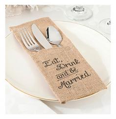 Web exclusive! Invite guests to join the celebration with these "Eat, Drink and Be Married" burlap silverware holders. Love is most definitely in the air with the Lillian Rose set of four "Eat, drink and Be Married" burlap silverware holders. Guests will love the rustic look of these charming silverware holders that accommodate a standard-sized fork, spoon and knife. Add a fun finishing touch to your meal with these beautiful burlap holders. Brown 4" x 10" Set of 4 Burlap Imported