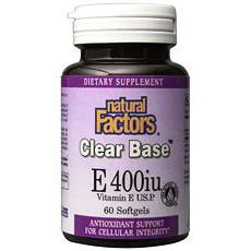 Natural Factors - Clear Base Vitamin E 400 IU - 60 Softgels Natural Factors Clear Base Vitamin E easy-to-swallow softgels contain 400iu (International Units) of pure vitamin E in the form of d-alpha tocopheryl acetate, derived and isolated from 100% natural sources. Clear Base is the purest form of vitamin E available, free from any impurities or residues. It is well tolerated by those with sensitivities to soya products. Vitamin E is a fat-soluble vitamin and antioxidant that protects cell membranes and prevents free radical damage, supporting the cardiovascular system and general health. Vitamin E's ability to protect cell membranes is important for people in polluted environments and those with active lifestyles. Experts recommend daily supplementation of vitamin E as it is difficult to get enough through diet alone. Natural Factors priority is enhancing people's health. They offer more than 300 different formulas available exclusively at natural health stores. They are family-owned, Canadian-based business. They have produced and sold quality supplements to North Americans for more than 50 years. They grow their own herbs, organically and process them fresh from the fields. They test and standardize herbs for total quality control. Their science team includes medical doctors, naturopathic physicians, researchers and herbalists from around the world. They create new, condition-specific formulas that are clinically proven to work. Their laboratory facilities comply with Good Laboratory Practices and are among the finest in North America. They meet or exceed Canadian Government Good Manufacturing Practices (GMP) guidelines and all Health Canada and FDA regulatory requirements Factor Farms:A quality herbal product starts with the highest quality fresh organic plant material. The efficacy of herbal products has always been affected by growing conditions, harvesting, processing and storage.