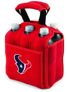 Houston Texans 6-pack cooler tote. This Texans beverage caddy is the perfect way to carry your drinks when planning to enjoy beverages away from home. The six-pack carrier is an insulated beverage carrier that fits most water, beer, and soda in bottles or cans up to 20 oz, allowing you to carry an assortment of beverages. It is made of black, durable neoprene and features a front pocket and reinforced handles. All licensed products have been approved by the team; however, Picnic Time is considered a designer line. The product color may not be an exact match to the team color.