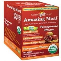 The delicious Amazing Meal Chocolate Infusion combines a deliciously healthy, exotic and refreshing taste with 11+ grams of organic, plant-based protein, a powerful and tasty blend of nutritious greens, phytonutrient fruits and vegetables, digestive enzymes and 5 billion probiotics all in one scoop. The way Mother Nature intended Organic, Raw and Delicious. Organic, Plant-Based Protein Naturally sourced from organic hemp seed, brown rice, sprouted quinoa and pumpkin seed. Antioxidant & Phytonutrient SuperFoods Chlorophyll-packed organic wheat grass, barley grass, alfalfa, kale, organic super fruits aai and goji berries and raw power of maca. Cleansing Fiber, Digestive Enzymes & Probiotics To help balance blood sugar (for individuals within normal, healthy ranges), improve digestion and promote healthy intestinal flora. OUR PROCESSAmazing Grass is from farms, not factories. OUR FRIENDSWeve partnered with our friends to enrich Amazing Meal with premium aai powder from Sambazon and fresh hemp protein from Manitoba Harvest. The Amazing StoryAmazing Grass Cereal Grasses Are Grown & Harvested on the Family Farm in Kansas. Their Dedication to The Finest & RAW Ingredients keeps the Best of what Mother Nature has Perfected. In the End, making others Happy makes Amazing Grass Happy People.