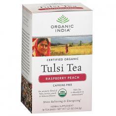 Herbal Supplement. USDA organic. Certified organic by Control Union. Caffeine-free. An aromatic blend of Tulsi, berries, peach & hibiscus flowers. Stress relieving & energizing (Tulsi tea is abundant in antioxidants). At the heart of Organic India is our commitment to be a living embodiment of love and consciousness in action. We have trained thousands of small family farmers in India to cultivate tens of thousands of acres of sustainable, organic farmland. All our products promote genuine wellness and are made with love. The product you hold in your hands is one link in a chain of love, respect and connectedness between our farmers and you. By choosing Organic India you are joining this chain, which provides training and a living wage to the farmers, creates a sustainable environment, and brings happiness and well-being to you. Our organic India family. Warm spicy Tulsi, succulent raspberry, and aromatic peach, accented by a touch of berry and hibiscus, combine to create a fruity, fragrant tea that can brighten any moment. Enjoy hot or iced. About Tulsi Tea: Throughout India, Tulsi is revered as a sacred plant infused with healing powers, and is lovingly called the queen of herbs. Traditionally grown in an earthen pot in every home, Tulsi (also known as holy basil) makes a delicious and energizing herbal tea. Tulsi is an adaptogenic herb which helps your body relieve the negative effects of stress. Repeatedly noted for 5,000 years throughout sacred Indian scriptures, Tulsi's remarkable life-enhancing qualities are now here for you to fully enjoy. Namaste! Individually wrapped for freshness. (These statements have not been evaluated by the FDA. This product is not intended to diagnose, treat, cure, or prevent any disease.) Manufactured in India.