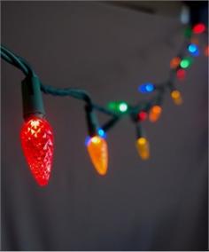 This is our LED C9 string light set in the RGB color. Our RGB LED lights will brighten up any holiday display or event. This string light has a non removable high quality LED light bulb. This set is UL Listed and rated for indoor and outdoor use. Product Details: - Includes 25 LED RGB Bulbs - 2.4 Watts Per Set - Commercial Rated with Non-Removable Bulbs - Green Cord w/ UL Listed Male and Female Plug - Bulb Size 2.25"H x 1.125"W - Connects End to End - Full Wave Technology - No Flickering of Lights - String Length - 16' 8" Green Cord with 8" Spacing Between Bulbs. - Includes Extra Fuse - If One Bulb Burns Out - Rest Of String Will Stay Lit - UL Listed For Indoor/Outdoor Use