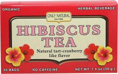 Herbal Beverage. Organic No Caffeine. Natural Tart-Cranberry Like Flavor. Hibiscus Tea (Hibiscus Sabdariffa) has been used for centuries for its health promoting properties. Hibiscus has a tart-cranberry like flavor and may be sweetened to taste. Hibiscus has been used as a gentle detox for the liver kidneys and gallbladder and may help maintain healthy cholesterol and blood pressure levels. Free Of: Caffeine. Disclaimer: These statements have not been evaluated by the FDA. These products are not intended to diagnose treat cure or prevent any disease. Only Natural Organic Hibiscus Tea Directions: Steep one tea bag for several minutes once or twice daily may be sweetened to taste and can be enjoyed hot or cold. Ingredients: Organic hibiscus flower (calyces) organic acids including citric acid maleic acid tartaric acid as well as polysaccharides and flavonoids. Warnings: Pregnant or lactating women or persons taking medication should consult a healthcare practitioner before using an herbal beverage.