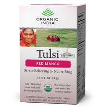 A luscious tropical blend of caffeine-free African rooibos tea and Tulsi, a duo of antioxidant power that brings transformative energy* Each cup is delightfully infused with India's favorite fruit, succulent mango. Throughout India, Tulsi is considered The Queen of Herbs and is revered as a sacred plant infused with healing power. Traditionally grown in an earthen pot in every family home or garden, Tulsi (also known as Holy Basil) makes a delicious and refreshing tea that possesses wonderful health benefits that support the body's natural immune system while relieving the body's negative reaction to stress. Tulsi's remarkable life-enhancing qualities, noted repeatedly in ancient Indian scriptures dating back 5,000 years, are now here for you to fully enjoy. Namaste! Organic India is committed to responsible packaging. The tea package carton is made from 100% recycled paperboard, with a minimum of 30% post-consumer content. Please recycle again. Our tea bags are made from unbleached, biodegradable fiber. At the heart of ORGANIC INDIA is our commitment to be a living embodiment of consciousness in action. We work with thousands of family farmers in India who cultivate thousands of acres of organic farmland. ORGANIC INDIA actively promotes sustainable agriculture and pays a premium market rate to our farmers. All our products promote wellness and are certified organic. Each product you hold in your hands is one link in a chain of love, respect and connectedness between our farmers and you. By choosing ORGANIC INDIA you are completing this chain, which gives training and a living wage to the Indian farmers, creates a sustainable environment and brings happiness and well being to you.