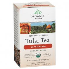 Herbal Supplement. USDA organic. Contains caffeine. An exotic blend of Tulsi, black tea & classic chai spices. Tulsi Tea is abundant in antioxidants. Stress relieving & energizing. Tulsi, black tea, and chai spices make the perfect exotic chai that stimulates your senses and soothes your soul. Add milk or nondairy milk and a touch of sweetener for a delicious authentic India experience. About Tulsi Tea: Throughout India, Tulsi is revered as a sacred plant infused with healing power, and is lovingly called the queen of herbs. Traditionally grown in an earthen pot in every home, Tulsi (also known as holy basil) makes a delicious and energizing herbal tea. Tulsi is an adaptogenic herb which helps your body relieve the negative effects of stress. Repeatedly noted for 5,000 years throughout sacred Indian scriptures, Tulsi's remarkable life-enhancing qualities are now here for you to fully enjoy. Namaste! At the heart of Organic India is our commitment to be a living embodiment of love and consciousness in action. We have trained thousands of small family farmers in India to cultivate tens of thousands of acres of sustainable, organic farmland. All our products promote genuine wellness and are made with love. Each product you hold in your hands is one link in a chain of love, respect and connectedness between our farmers and you. By choosing Organic India you are joining this chain, which provides training and a living wage to the farmers, creates a sustainable environment, and brings happiness and well-being to you. Certified organic by ECOCERT. Individually wrapped for freshness. (These statements have not been evaluated by the FDA. This product is not intended to diagnose, treat, cure, or prevent any disease.) Manufactured in India.
