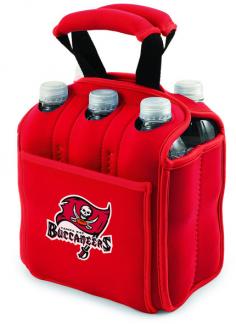 Tampa Bay Buccaneers 6-pack cooler tote. This Buccaneers beverage caddy is the perfect way to carry your drinks when planning to enjoy beverages away from home. The six-pack carrier is an insulated beverage carrier that fits most water, beer, and soda in bottles or cans up to 20 oz, allowing you to carry an assortment of beverages. It is made of black, durable neoprene and features a front pocket and reinforced handles. All licensed products have been approved by the team; however, Picnic Time is considered a designer line. The product color may not be an exact match to the team color.