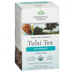 Herbal Supplement. USDA organic. Caffeine-free. A refreshing blend of peppermint leaf & tulsi. Tulsi tea is abundant in antioxidants. Stress relieving & energizing. Caffeine-Free: Cool and invigorating peppermint with the subtle spicy notes of Krishna Tulsi unite to create a refreshing, restorative tea, perfect for enlivening your day or evening. Great hot or iced! About Tulsi Tea: Throughout India, Tulsi is revered as a sacred plant infused with healing powers, and is lovingly called the Queen of Herbs. Traditionally grown in an earthen pot in every home, Tulsi (also known as Holy Basil) makes a delicious and energizing herbal tea. Tulsi is an adaptogenic herb which helps your body relieve the negative effects of stress. Repeatedly noted for 5,000 years throughout sacred Indian scriptures, Tulsi's remarkable life-enhancing qualities are now here for you to fully enjoy. Drinking 3 cups a day is recommended. Namaste! Enlightenment is not something that happens in time, or at a particular time. It is the understanding that time is not real. - Papaji, Sri H.W.L. Poonja. At the heart of Organic India is our commitment to be a living embodiment of love and consciousness in action. We have trained thousands of small family farmers in India to cultivate tens of thousands of acres of sustainable, organic farmland. All Organic India products promote health and wellness and are made with loving care. The product you hold in your hands is one link in a chain of love, respect and connectedness between Mother Nature, our farmers, our company and you. By choosing Organic India you are actively participating in our mission to create a sustainable global environment, provide training and a life of dignity to our local farmers, and bring health and happiness to you. - Our Organic India Family. Individually wrapped for freshness. Certified organic by Ecocert. (These statements have not been evaluated by the FDA. This product is not intended to diagnose, treat, cure, or prevent any disease). Manufactured in India.