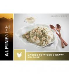 Just because youre traveling in the backcountry doesnt mean you cant eat like a king. AlpineAire Foods Mashed Potatoes and Gravy with Turkey features classic mashed potatoes topped with creamy homestyle gravy as well as turkey, onion, celery, spinach and carrots all in an easy-to-prepare pouch. Just add boiling water to the E-Z fill line and dig in. Up to five-year shelf life. Resealable pouch. Gluten-free. 280 calories per serving. 13 grams of protein per serving. Two servings. Wt: 5.75 oz.