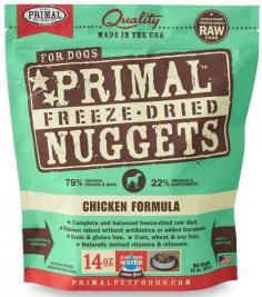 MADE IN THE U.S.A! Primal Freeze-Dried Formulas are produced using only the freshest, human-grade ingredients. Our poultry, meat and game are antibiotic and steroid free without added hormones. We incorporate certified organic produce, certified organic minerals and unrefined vitamins to fortify our complete and balanced diets. All Primal Freeze-Dried Formulas contain fresh ground bone for calcium supplementation. This combination of ingredients offers optimum levels of the amino acids (protein), essential fatty acids, natural-occurring enzymes, and necessary vitamins and minerals that are the building blocks for your pet's healthy biological functions. All of the ingredients found in Primal Freeze-Dried Formulas are procured from ranches and farms throughout the United States and New Zealand that take pride in producing wholesome raw foods through natural, sustainable agriculture. Primal Freeze-Dried Formulas offer you the convenience and benefits of a well-balanced, safe and wholesome raw-food diet without having to grind, chop, measure or mix the ingredients yourself. At Primal Pet Foods, we have taken the time to carefully formulate and produce a nutritious, fresh-food diet that is easy for you to serve and delectable for pets to devour. The proof is watching them lick the bowl clean while thriving happily and healthfully! Freeze-Dried Canine Chicken Formula Benefits: Fresh chicken for superior levels of amino and essential fatty acids. Finely ground, fresh chicken bones for optimum levels of calcium. Grain Free and Gluten Free. Great for all life stages. Organic produce for food-derived vitamins A, B-complex, C and D. Salmon oil for essential omega-3 fatty acids. Organic and unrefined nutritional supplements for digestion and circulation. Vitamin E as an antioxidant. Organic coconut oil for linolenic fatty acids.