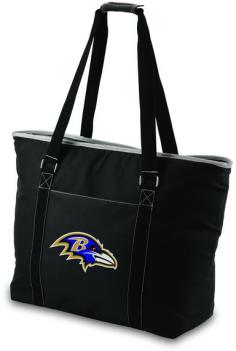 Baltimore Ravens waterproof picnic tote. This Ravens cooler tote wasn't designed solely as a beach bag, but if a beach bag is what you're looking for, this one won't disappoint! Measuring 23" (L) x 8.25" (W) x 17" (H), this extra large tote has almost 1 cubic feet of interior storage space, enough to hold 48 12-oz. cans! Fully-insulated to keep your food and drinks cold, this bag also has a heat-sealed, water-resistant interior liner which is perfect for transporting wet pool towels, swim suits or the like. A larger zipper pocket on the exterior of the tote lets you keep other personal effects within easy reach. All licensed products have been approved by the team; however, Picnic Time is considered a designer line. The product color may not be an exact match to the team color. The Tahoe may be just the family-sized beach style tote you've been wishing you had.