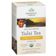 Herbal Supplement. USDA organic. Caffeine-free. Certified organic. A calming blend of Tulsi, chamomile & honey. Tulsa is abundant in antioxidants. Stress relieving & energizing. At the heart of Organic India is our commitment to be a living embodiment of love and consciousness in action. We have trained thousands of small family farmers in India to cultivate tens of thousands of acres of sustainable, organic farmland. All our products promote genuine wellness and are made with love. This product you hold in your hands is one link in a chain of love, respect and connectedness between Mother Nature, our farmers, our company and you. By choosing Organic India you are actively participating in our mission to create a sustainable global environment, provide training and a life of dignity to our local farmers and bring health and happiness to you. Experience the soft, smooth flavor of chamomile blossoms, reminiscent of apples dribbled with amber honey, Accompanied by the depth of the Tulsi leaf trio, this is the perfect infusion for a soothing restorative moment. About Tulsi: Throughout India, Tulsi is revered as a sacred plant infused with healing powers, and is lovingly called the Queen of Herbs. Traditionally grown in an earthen pot in every home, Tulsi (also known as Holy Basil) makes a delicious and energizing herbal infusion. Tulsi is an adaptogenic herb which helps your body relieve the negative effects of stress. Repeatedly noted for 5,000 years throughout sacred Indian scriptures, Tulsi's remarkable life-enhancing qualities are now here for you to fully enjoy. Drinking 3 cups a day is recommended. Namaste! Certified Organic by: Control Union. Individually wrapped for freshness. Gluten free. (These statements have not been evaluated by the FDA. This product is not intended to diagnose, treat, cure, or prevent any disease.) Manufactured in India.