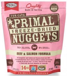 Primal Freeze-Dried Formulas are produced using only the freshest, human-grade ingredients. Our poultry, meat and game are antibiotic and steroid free without added hormones. We incorporate certified organic produce, certified organic minerals and unrefined vitamins to fortify our complete and balanced diets. All Primal Freeze-Dried Formulas contain fresh ground bone for calcium supplementation. This combination of ingredients offers optimum levels of the amino acids (protein), essential fatty acids, natural-occurring enzymes, and necessary vitamins and minerals that are the building blocks for your pet's healthy biological functions. All of the ingredients found in Primal Freeze-Dried Formulas are procured from ranches and farms throughout the United States and New Zealand that take pride in producing wholesome raw foods through natural, sustainable agriculture. Primal Freeze-Dried Formulas offer you the convenience and benefits of a well-balanced, safe and wholesome raw-food diet without having to grind, chop, measure or mix the ingredients yourself. At Primal Pet Foods, we have taken the time to carefully formulate and produce a nutritious, fresh-food diet that is easy for you to serve and delectable for pets to devour. The proof is watching them lick the bowl clean while thriving happily and healthfully! Freeze-Dried Feline Beef & Salmon Formula Benefits: Fresh beef & salmon for superior levels of amino and essential fatty acids. Finely ground, fresh beef bones for optimum levels of calcium. Grain Free and Gluten Free. Great for all life stages. Organic produce for food-derived vitamins A, B-complex, C and D. Cold-water salmon oil for essential Omega-3 fatty acids. Organic and unrefined nutritional supplements for digestion and circulation. Vitamin E as an antioxidant Organic coconut oil for linolenic fatty acids. Taurine supplement for optimum retinal health.