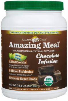 The delicious Amazing Meal Chocolate Infusion combines a deliciously healthy, rich, and decadent taste 11+ grams of organic, plant-based protein, a powerful and tasty blend of nutritious greens, phytonutrient fruits and vegetables, digestive enzymes and 5 billion probiotics all in one scoop. The way Mother Nature intended Organic, Raw and Delicious. Organic, Plant-Based Protein Naturally sourced from organic hemp seed, brown rice, sprouted quinoa and pumpkin seed. Antioxidant & Phytonutrient SuperFoods Chlorophyll-packed organic wheat grass, barley grass, alfalfa, kale, organic super fruits aai and goji berries and raw power of maca. Cleansing Fiber, Digestive Enzymes & Probiotics To help balance blood sugar (for individuals within normal, healthy ranges), improve digestion and promote healthy intestinal flora. OUR PROCESSAmazing Grass is from farms, not factories. OUR FRIENDSWeve partnered with our friends to enrich Amazing Meal with premium aai powder from Sambazon and fresh hemp protein from Manitoba Harvest. The Amazing StoryAmazing Grass Cereal Grasses Are Grown & Harvested on the Family Farm in Kansas. Their Dedication to The Finest & RAW Ingredients keeps the Best of what Mother Nature has Perfected. In the End, making others Happy makes Amazing Grass Happy People.