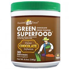 Our Chocolate Green SuperFood is a delicious chocolate drink powder to help you achieve your 5 to 9 daily servings of fruits and vegetables.A full spectrum of alkalizing green superfoods, antioxidant rich fruits, and support herbs unite with organic Acai, Maca and Cacao to provide a powerful dose of whole food nutrition with a delicious dark chocolate taste. Complete with pre & probiotics and digestive enzymes to ensure rapid nutrient absorption and healthy digestion. Chocolate Green SuperFood: All natural and organic ingredients include organic wheat grass, organic barley grass, organic alfalfa, organic spirulina, organic spinach, organic chlorella (cracked cell-wall), organic broccoli, organic dutch cocoa, organic redwood cocoa, organic cacao, natural chocolate flavoring, organic acai from Sambazon, organic maca, organic carrot, organic beet, raspberry, organic rose hips, pineapple, green tea, acerola cherry, organic flax seed powder, organic oat fiber, apple pectin fiber, F.O.S. (from chicory root), L. acidophilus, alpha and beta amylase, protease, lipase, lactase, cellulase, siberian eleuthero root, peppermint and organic sea salt.100% Vegan.
