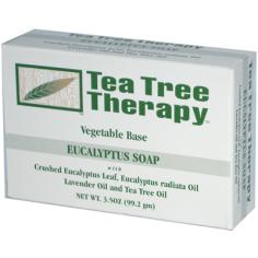 Tea Tree Therapy Eucalyptus Soap Vegetable Base Description: With Crushed Eucalyptus Leaf, Eucalyptus Radiata Oil, Lavender Oil, and Tea Tree Oil The Banalasta Oil Plantation is located in New South Wales, Australia. It is the world's largest Eucalyptus radiata plantation and uses organic farming practices. Eucalyptus radiata is a softer more pleasant antiseptic and anti-microbial eucalyptus. Eucalyptus radiata is the species of choice for aromatherapists as the medicinal eucalyptus most suitable for use on the skin. Tea Tree Therapy Natural Eucalyptus Soap is vegetable based and is infused with Eucalyptus radiata Oil, Lavender Oil and Tea Tree Oil to give it anti-microbial action with aromatic deep cleansing freshness and softness. Crushed Eucalyptus leaf gently exfoliates the skin and macadamia nut oil soothes and moisturizes the skin. It is an all over body bar suitable for daily use on all skin types. Disclaimer These statements have not been evaluated by the FDA. These products are not intended to diagnose, treat, cure, or prevent any disease.
