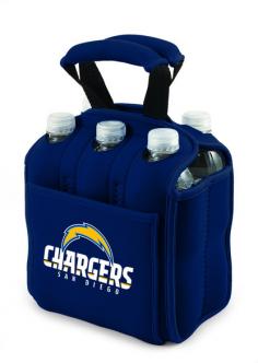 San Diego Chargers 6-pack cooler tote. This Chargers beverage caddy is the perfect way to carry your drinks when planning to enjoy beverages away from home. The six-pack carrier is an insulated beverage carrier that fits most water, beer, and soda in bottles or cans up to 20 oz, allowing you to carry an assortment of beverages. It is made of black, durable neoprene and features a front pocket and reinforced handles. All licensed products have been approved by the team; however, Picnic Time is considered a designer line. The product color may not be an exact match to the team color.