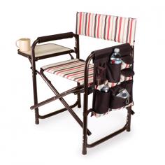 Aluminum chair with fold out table, insulated drink holder and side pockets Color: Moka Collection Dimensions: 20L x 6.25W x 33.25H The Sports Chair - Moka by Picnic Time is the ultimate spectator chair or outdoor patio chair. It's a lightweight, portable folding chair with a sturdy espresso-brown powder-coated aluminum frame that has an adjustable shoulder strap for easy carrying. If you prefer not to use the shoulder strap, the chair also has two sturdy webbing handles that come into view when the chair is folded. The extra-wide seat (19.5") is made of 600D polyester canvas for durability. The armrests are padded for optimal comfort. On the side of the chair is a polyester accessories panel in Moka Stripes that includes a variety of pockets to hold such items as your cell phone, sunglasses, magazines, or a scorekeeper's pad. It also includes an insulated bottled beverage pouch and a zippered security pocket to keep valuables out of plain view. A convenient side table folds out to hold food or drinks (up to 10 lbs.). Maximum weight capacity is 300 lbs. The Sports Chair makes a perfect gift for those who enjoy spectator sports, RVing, and camping.