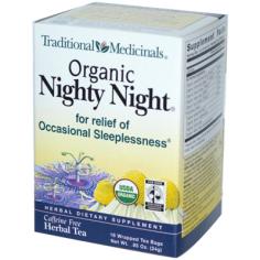 Traditional Medicinals Organic Nighty Night Herbal Tea Description: Created by Herbalists Relieves Occasional Sleeplessness Naturally Caffeine Free Herbal Tea USDA Organic We get our passionflower form small farms in some of the most beautiful old farming villages in northern Italy. Walking amongst the rolling hillsides, we're always struck by the otherworldly beauty of Passiflora incarnata in bloom. Harvested from late spring through fall, the truly long vines of the passionflower plant are machine-harvested and hung up in the shade to air dry. The fruits are removed, but the rest of the aerial parts (leaves, vines and flowers) are cut and later blended with the other herbs in this tea to make the signature relaxing blend. Personality. Peaceful, soft and sleepy. Herbal Power. Helps you relax and get a good night's sleep. Reason to Love. Passionflower. We love it both for its wildly intense beauty and for its ability to calm and soothe your nervous system. When the Spanish missionaries changed upon it they saw the perfection of the universe reflected in its anatomical structure. The native people of the Americas used this plant for its ability to promote rest and relaxation - something modern people occasionally need help with too. We've added other relaxing herbs, like chamomile, linden flower and hops, to create a mellow blend that will help you rest easy. Taste. Minty, mildly bitter and sweet, with notes of citrus and spice. Disclaimer These statements have not been evaluated by the FDA. These products are not intended to diagnose, treat, cure, or prevent any disease.
