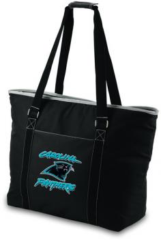 Carolina Panthers waterproof picnic tote. This Panthers cooler tote wasn't designed solely as a beach bag, but if a beach bag is what you're looking for, this one won't disappoint! Measuring 23" (L) x 8.25" (W) x 17" (H), this extra large tote has almost 1 cubic feet of interior storage space, enough to hold 48 12-oz. cans! Fully-insulated to keep your food and drinks cold, this bag also has a heat-sealed, water-resistant interior liner which is perfect for transporting wet pool towels, swim suits or the like. A larger zipper pocket on the exterior of the tote lets you keep other personal effects within easy reach. All licensed products have been approved by the team; however, Picnic Time is considered a designer line. The product color may not be an exact match to the team color. The Tahoe may be just the family-sized beach style tote you've been wishing you had.