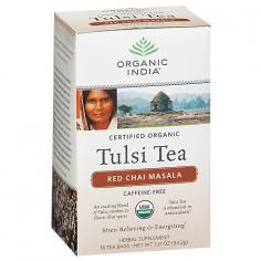 Herbal Supplement. USDA organic. Caffeine-free. An exciting blend of Tulsi, rooibos & classic chai spices. Tulsi Tea is abundant in antioxidants. Stress relieving & energizing. Caffeine-Free: An aromatic and exotic caffeine-free chai, crafted with full-bodied African red tea abundant in antioxidants, is blended with uplifting Tulsi and classic chai spices. Add milk or nondairy milk and sweetener for a true taste of India. About Tulsi Tea: Throughout India, Tulsi is revered as a sacred plant infused with healing powers, and is lovingly called the Queen of Herbs. Traditionally grown in an earthen pot in every home, Tulsi (also known as Holy Basil) makes a delicious and energizing herbal tea. Tulsi is an adaptogenic herb which helps your body relieve the negative effects of stress. Repeatedly noted for 5,000 years throughout sacred Indian scriptures, Tulsi's remarkable life-enhancing qualities are now here for you to fully enjoy. Drinking 3 cups a day is recommended. Namaste! At the heart of Organic India is our commitment to be a living embodiment of love and consciousness in action. We have trained thousands of small family farmers in India to cultivate tens of thousands of acres of sustainable, organic farmland. All Organic India products promote health and wellness and are made with loving care. The product you hold in your hands is one link in a chain of love, respect and connectedness between Mother Nature, our farmers, our company and you. By choosing Organic India you are actively participating in our mission to create a sustainable global environment, provide training and a life of dignity to our local farmers, and bring health and happiness to you. - Our Organic India Family. Individually wrapped for freshness. Certified organic by Ecocert. (These statements have not been evaluated by the FDA. This product is not intended to diagnose, treat, cure, or prevent any disease). Manufactured in India.