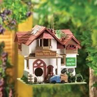 Gourmet themed birdhouse brings a bit of Wine Country charm to your very own backyard! Absolutely adorable from roof to floor, with grapevine trim and a whole array of vineyard accessories. Rope loop at top for hanging. Weight 2.5 lbs. Wood.9 1/2" x 8" x 9" high.