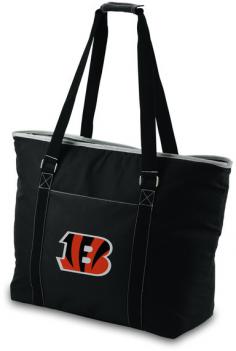 Cincinnati Bengals waterproof picnic tote. This Bengals cooler tote wasn't designed solely as a beach bag, but if a beach bag is what you're looking for, this one won't disappoint! Measuring 23" (L) x 8.25" (W) x 17" (H), this extra large tote has almost 1 cubic feet of interior storage space, enough to hold 48 12-oz. cans! Fully-insulated to keep your food and drinks cold, this bag also has a heat-sealed, water-resistant interior liner which is perfect for transporting wet pool towels, swim suits or the like. A larger zipper pocket on the exterior of the tote lets you keep other personal effects within easy reach. All licensed products have been approved by the team; however, Picnic Time is considered a designer line. The product color may not be an exact match to the team color. The Tahoe may be just the family-sized beach style tote you've been wishing you had.