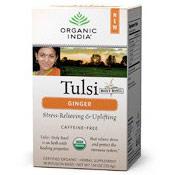 Organic India Tulsi Tea Ginger Description: Stress Relieving Soothing and Relaxing Abundant in Antioxidants Powerful Adaptogen Caffeine Free Gluten Free USDA Certified Organic 18 Tea Bags per Box Tulsi Ginger This uplifting combination of ginger and Tulsi including Rama, Krishna and Vana, stimulate the senses providing an exciting yet relaxing blend. This exotic flavor combination will not only bring transformative energy and calm, but is great for digestion. Tulsi - A Legacy of Good Health Reduces Stress Supports the Immune System Abundant in Antioxidants Builds Stamina Powerful Adaptogen Aids Digestion Anti Aging Balances Metabolism Balances Energy Levels Uplifts Mood About Tulsi Throughout India Tulsi is acclaimed as The Queen of Herbs and is revered as a sacred plant infused with healing powers. Traditionally grown in an earthen pot in every family home or garden, Tulsi (also known as Holy Basil) makes a delicious and nourishing herbal tea abundant in a vast array of health benefits. Tusli's life-enhancing qualities, repeatedly noted in ancient Indian scriptures dating back over 5,000 years, are now here for you to fully enjoy. Blessings and Namaste! Free Of Gluten and caffeine. Disclaimer These statements have not been evaluated by the FDA. These products are not intended to diagnose, treat, cure, or prevent any disease.