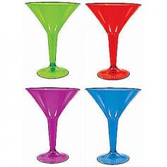 Our Plastic Martini Glasses in vibrant colors of red, blue, green and purple make great cocktail party favors. Each package contains twenty 8 oz plastic martini glasses that measure 6 inches high and have a 4 1/2 inch diameter opening. This set of Cocktail Martini Glasses is not only great for cocktail parties, receptions and get togethers for drinks, but they can be used as table favors to hold candy, nuts or a small flower for vibrant color displays.