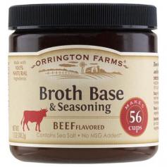 Makes 56 cups. Made with 100% natural ingredients. Contains sea salt. No MSG added (except for that naturally occurring in yeast extract). Gluten free. Share the simple goodness of homemade flavor and bring your dish to life with Orrington Farms. 2 tsp broth base = 1 cup broth. Keep in cool, dry place. Add 2 level teaspoons (6 g) of base mix to 1 cup (8 fl oz) of boiling water (212 degrees F). Mix well. Soup: Add cooked pasta, rice, barley, vegetables and meat to prepared broth for a complete homemade soup. Flavor: Use prepared broth to season rice, pasta, vegetables, potatoes and stuffing. Seasoning: Use as a seasoning straight from the jar to add flavor to basting drippings, casseroles, vegetables, and gravies. Heat to 200 degrees F before serving. Salt (Includes Sea Salt), Maltodextrin (Made from Corn), Dextrose (Made from Corn), Soybean Oil, Caramel Color, Yeast Extract, Beef (Dehydrated Cooked Beef, Beef Extract), Beef Stock, Dehydrated Onion, Natural Flavor, Dehydrated Garlic, Disodium Inosinate & Disodium Guanylate (Flavor Enhancer), Lactic Acid, White Pepper, Black Pepper, Spice Extract.