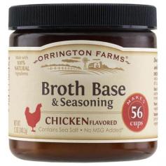 Makes 56 cups. Made with 100% natural ingredients. Contains sea salt. No MSG added (except for that naturally occurring in yeast extract). Gluten free. Share the simple goodness of homemade flavor and bring your dish to life with Orrington Farms. 2 tsp broth base = 1 cup broth. Keep in a cool, dry place. Add 2 level teaspoons (6 g) of base mix to 1 cup (8 fl oz) of boiling water (212 degrees F). Mix well. Soup: Add cooked pasta, rice, barley, vegetables and meat to prepared broth for a complete homemade soup. Flavor: Use prepared broth to season rice, pasta, vegetables, potatoes and stuffing. Seasoning: Use as a seasoning straight from the jar to add flavor to basting drippings, casseroles, vegetables, and gravies. Heat to 200 degrees F before serving. Salt (Includes Sea Salt), Dextrose (Made from Corn), Maltodextrin (Made from Corn), Chicken (Dehydrated Cooked Chicken, Chicken Fat), Dehydrated Onion, Yeast Extract, Chicken Broth, Disodium Inosinate & Disodium Guanylate (Flavor Enhancer), Dehydrated Garlic, Turmeric Extract, White Pepper, Parsley, Spice Extract.