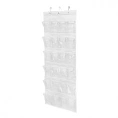 Honey-Can-Do SFT-01242 24-Pocket Over-The-Door Closet Organizer, White Polyester. Turn a jumbled mess into a well-kept closet with this 24-Pocket shoe and accessory organizer. Easily hangs over any traditional closet door to keep 12-pair of shoes organized, off the floor, and out of sight. Complete with hanging hooks, this versatile organizer can also be used to store jewelry, scarves, gloves, craft supplies, small toys, or handheld electronics. Quickly find what you're looking for through the clear vinyl pouches. One item in Honey-Can-Do's mix and match collection of sturdy hanging organizers available in several colors, it's a perfect blend of economy and strength. Holds 12 Pairs Of Shoes, Eliminates Floor Clutter Slim Design, Gives Easy Access To Stored Items Easy Hook Attachment, Fits Most Doors Holds 12 Pairs Of ShoesOverall Dimensions: 21"(L) x 2.5"(W) x 57"(H)Item Weight: 0.95 lbs.