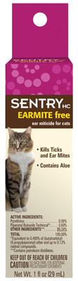 Sentry HC Earmite Free Ear Miticide For Cats Sentry Ear Mite Formula for Cats aids in eliminating mites in the ears of cats and for relief from itching. Apply 5 drops into ears twice daily until mites are completely gone. For use in cats and kittens 12 weeks of age and older. Contains Aloe Kills Ear Ticks and Ear Mites Active Ingredients: Pyrethrins 0.06% Piperonyl Butoxide Technical 0.60% Other Ingredients 99.34% Do not use on cats under 12 weeks of age. Consult a veterinarian before using this product on debilitated, aged, pregnant, nursing or medicated animals. Sensitivities may occur after using any pesticide product for pets. If signs of sensitivity occur, bathe your pet with mild soap and rinse with large amounts of water. If signs continue, consult a veterinarian immediately. Certain medications can interact with pesticides. Consult a veterinarian before using on medicated animals.
