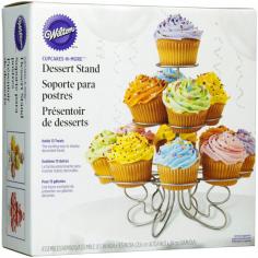WILTON-Cupcakes N' More Dessert Stand: 10x10in. This stand is perfect for any celebration! This silver finished wire stand securely holds thirteen cupcakes for birthdays; holidays; baby showers and much more! The stand is also perfect for other purposes: try using it for votive candles and beautifully dress up your holiday; anniversary or even wedding party tables; with or without added decorations like fresh or dried flowers and foliage. The non-toxic silver finished metal has a durable non-chip finish to keep looking good year after year. Some assembly is required: simply stack each tier onto a center locking rod; to store: simply remove the tiers; clean with a damp cloth and store. Imported.