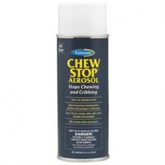 Chew Stop Hot cinnamon taste helps stop wood chewing habits in horses Spray, paint, roll or brush on surfaces where horses chew, such as fences, corrals, stalls, mangers, gates, posts and tree bark Keeps horses from chewing blankets and bandages Clear liquid won't stain white fences or discolor other painted surfaces 12.5 oz aerosol CHEW STOP AEROSOL EASY TO APPLY Directions - SHAKE WELL Remove protective cap and apply Chew Stop generously to all wood surfaces within reach of your horse. Spray from a distance of 4 to 6 inches. Remove animals from stalls during application. Chew Stop may be applied to the bark of mature trees. It will not stain or discolor painted surfaces. Repeat application to problem areas as necessary until your horse forgets his habit. When applying Chew Stop to blankets or bandages, do not apply to surfaces that may come in contact with the horse's skin. Chew Stop, when in contact with the skin, may cause blistering under certain conditions. Coverage: One 12.5 oz. can will cover approximately 35 square feet of unpainted surface and 53 square feet of painted surface.